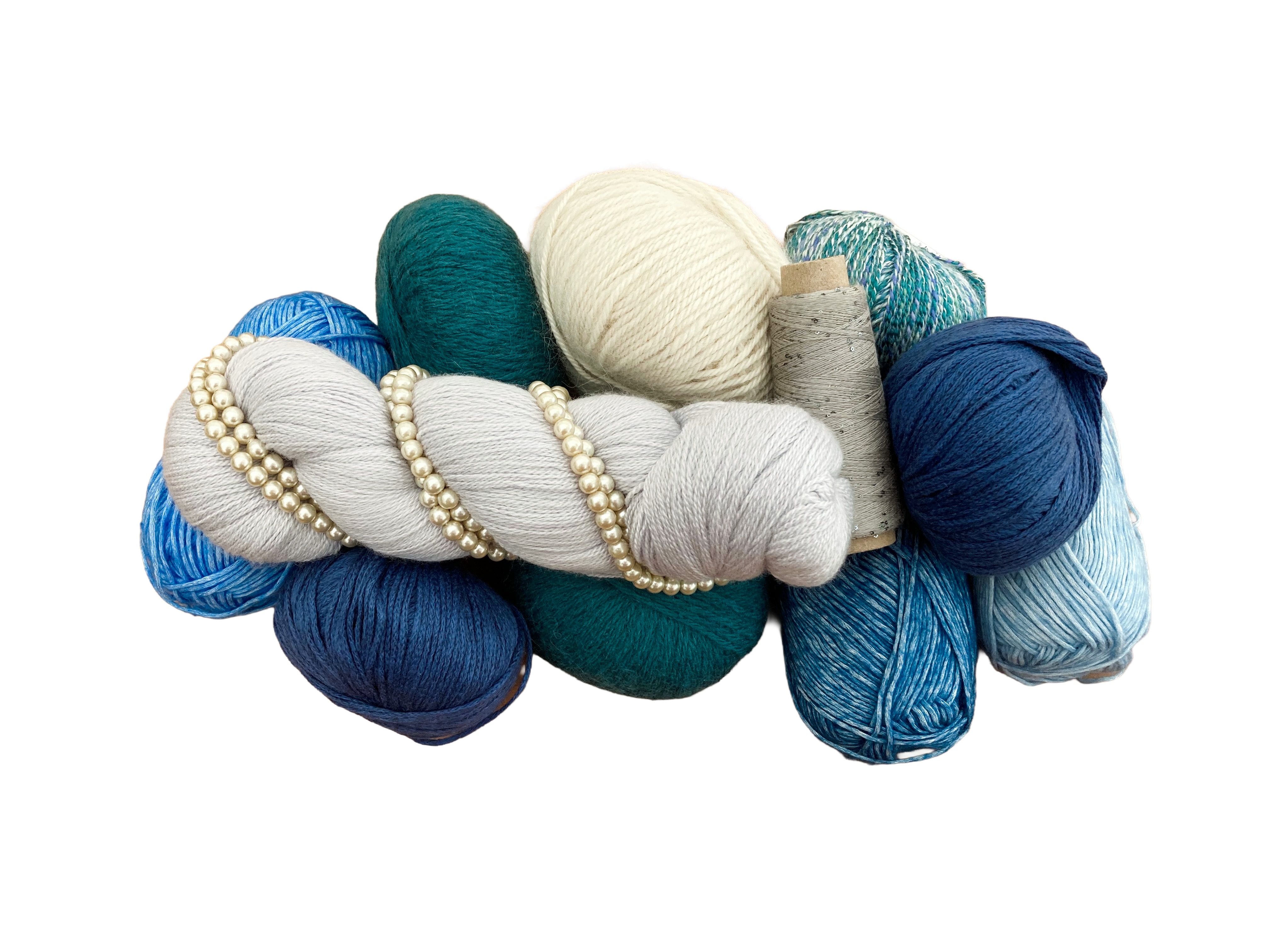 A collection of blue, teal and cream yarns coiled together with a string of pearls